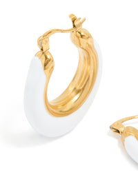Waterproof Gold Plated Stainless Steel White Enamel Long Hoop Earrings - link has visual effect only