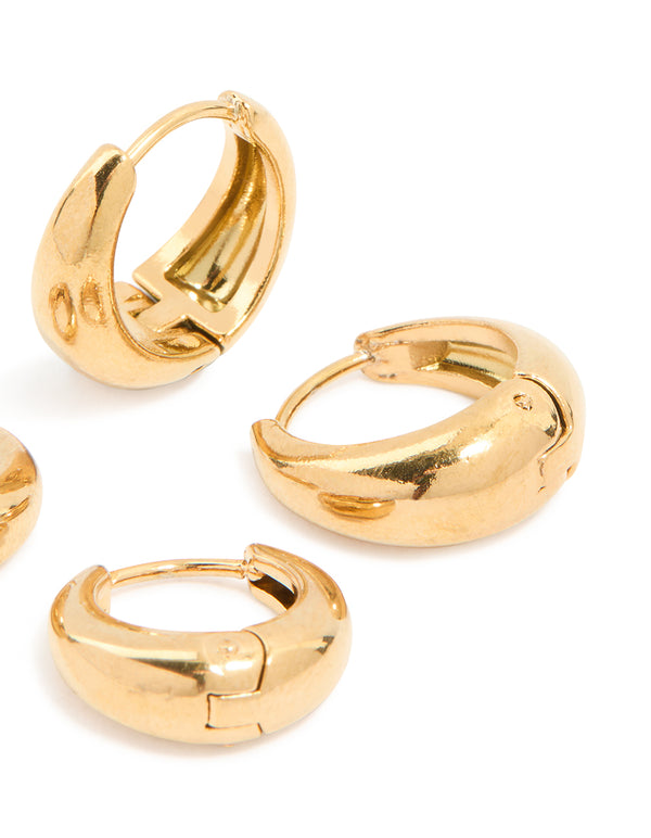 Waterproof Gold Plated Stainless Steel Thick Oval Huggie Earrings 2-Pack