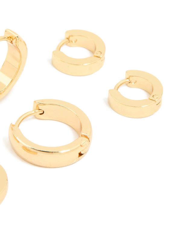 Waterproof Gold Plated Stainless Steel Mix Clicker Hoop Earrings 3-Pack