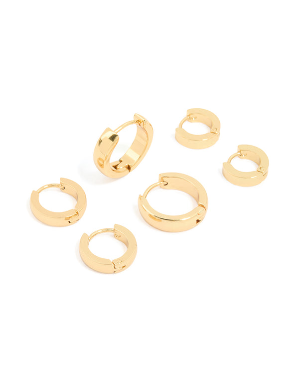Waterproof Gold Plated Stainless Steel Mix Clicker Hoop Earrings 3-Pack