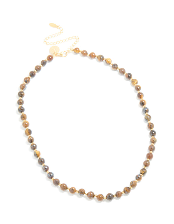 Waterproof Gold Plated Stainless Steel Tigers Eye Semi Precious Stone Beaded Short Necklace