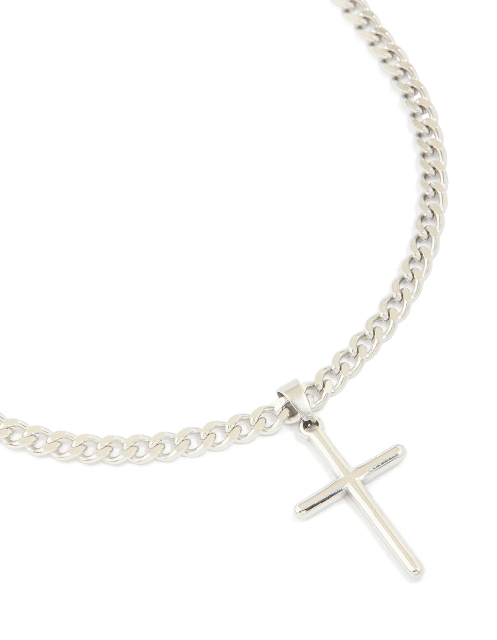Discover a waterproof stainless steel smooth plain necklace featuring a cross pendant in silver close up view