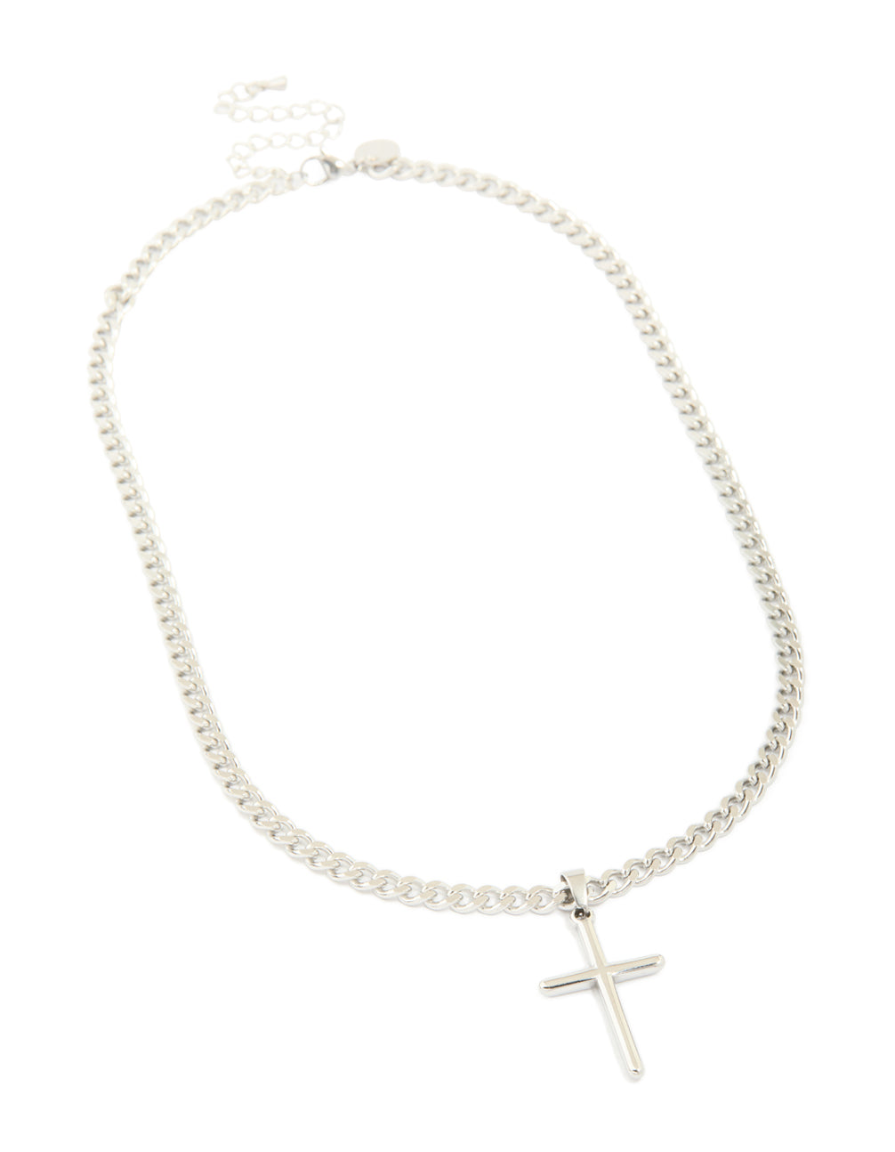 Introducing a waterproof stainless steel smooth plain necklace featuring a cross pendant in silver front view