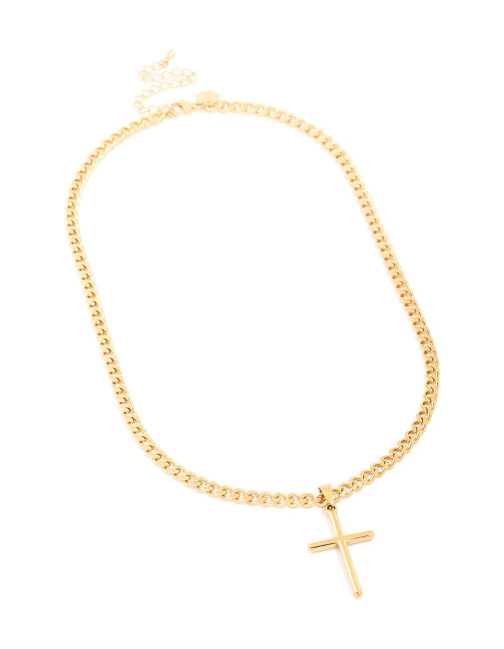 Designed with waterproof gold plated stainless steel featuring a cross pendant necklace front view