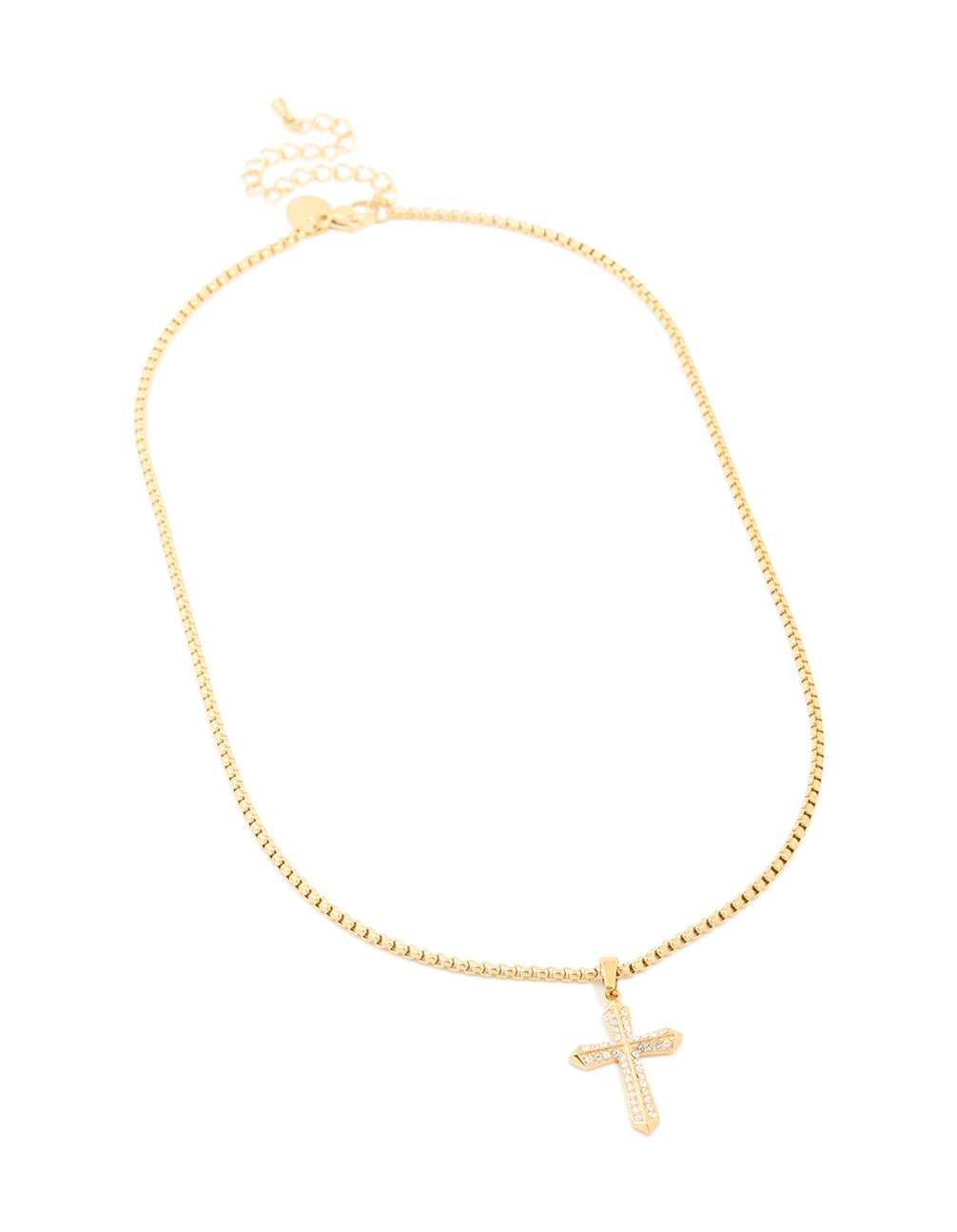 Beautifully designed waterproof cross necklace with cubic zirconia pavé detailing in gold plated stainless steel front view