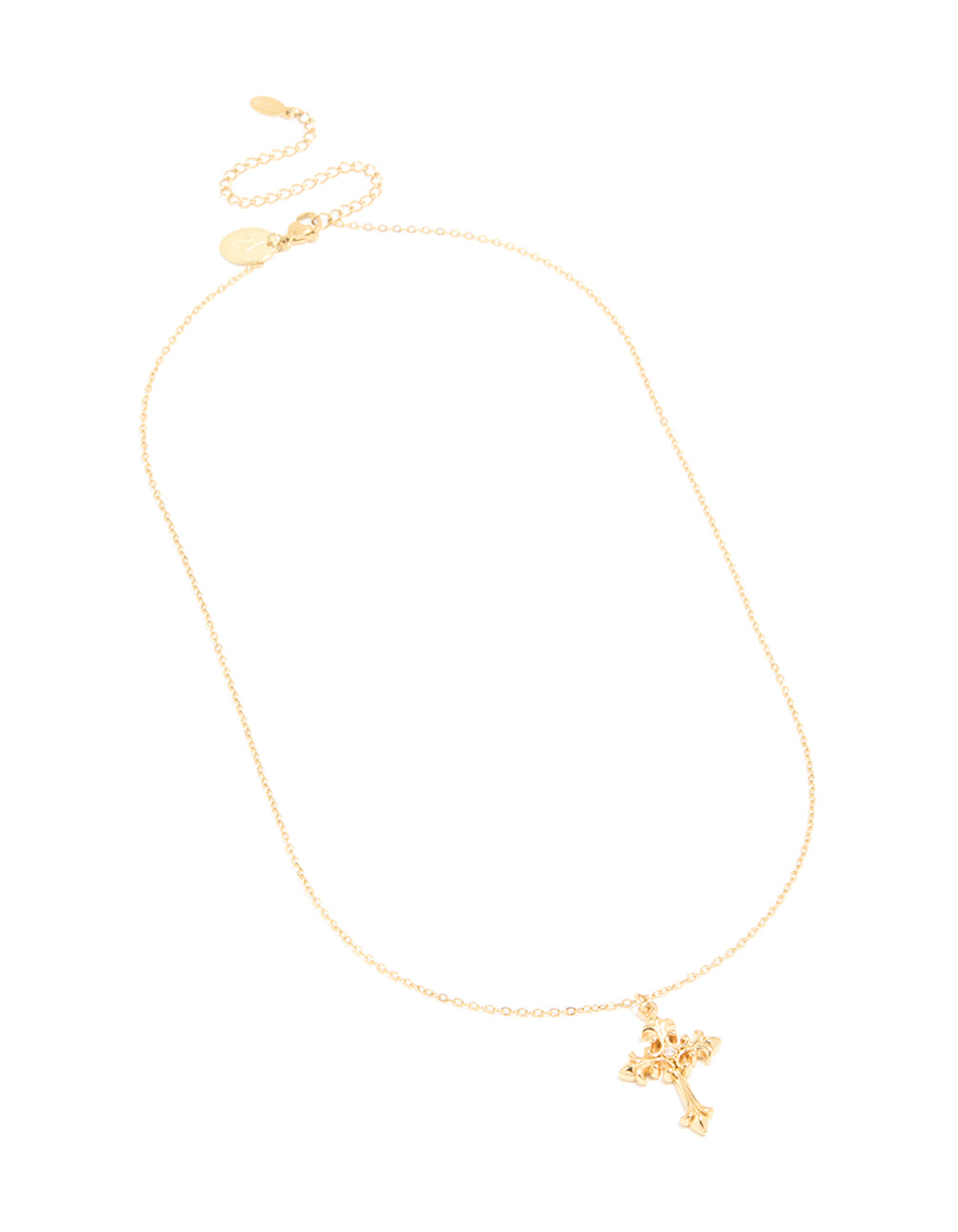 Crafted from waterproof gold plated stainless steel gothic cross necklace in dainty style front view