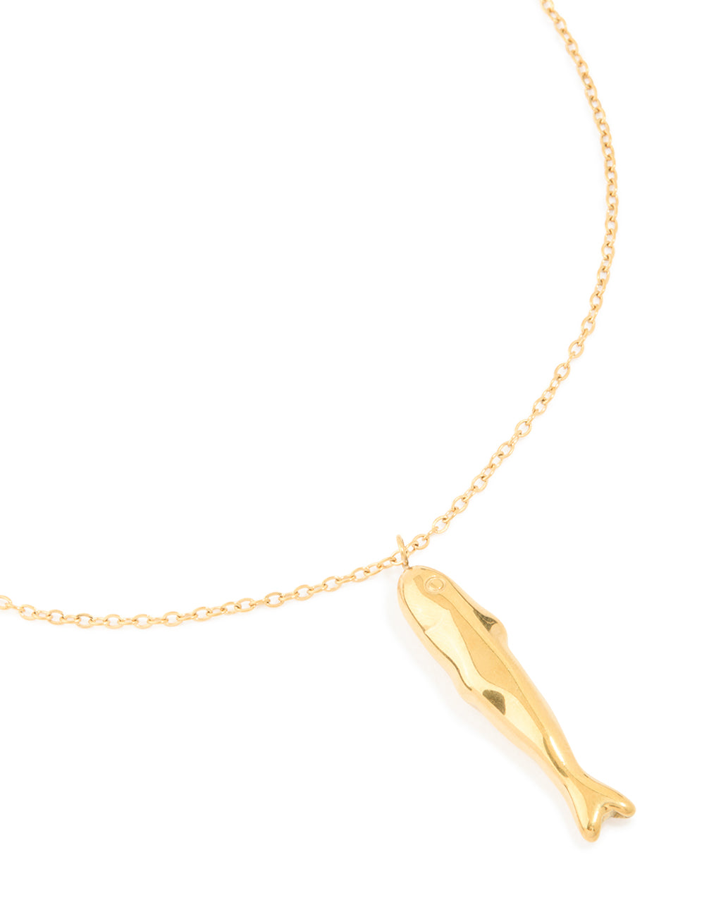 Showcasing a waterproof stainless steel sardine pendant necklace with ocean-inspired design in gold plated finish close up view