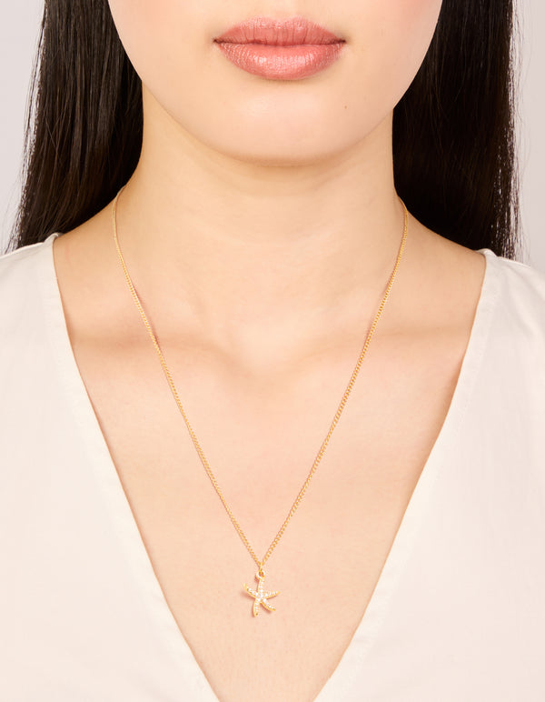 Waterproof Gold Plated Stainless Steel Cubic Zirconia Pavé Starfish Pendant Necklace