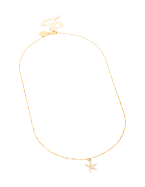 Waterproof Gold Plated Stainless Steel Cubic Zirconia Pavé Starfish Pendant Necklace