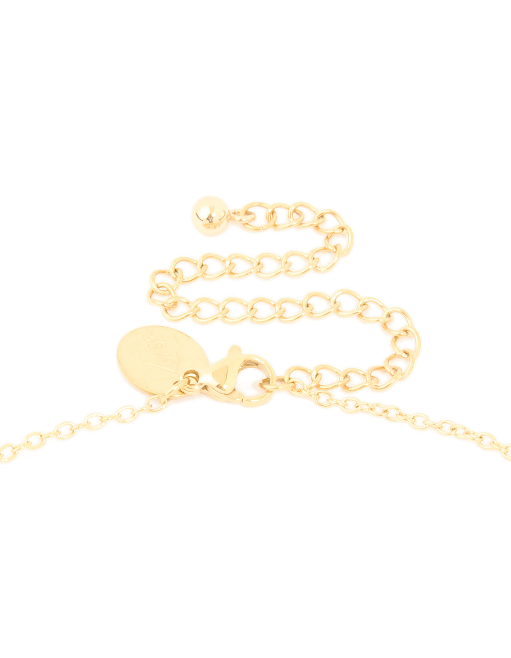 Highlighting the waterproof gold plated stainless steel Y-necklace with cubic zirconia bezel crystal clasp detail view