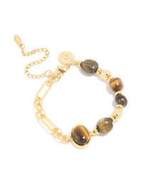 Waterproof Gold Plated Stainless Steel Bead & Tigers Eye Semi Precious Stone Beads Bracelet - link has visual effect only