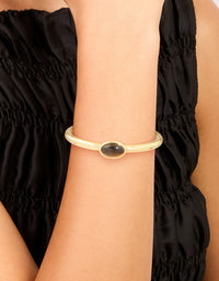Waterproof Gold Plated Stainless Steel Tigers Eye Semi Precious Stone Open Wrist Cuff - link has visual effect only