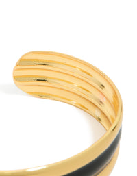 Waterproof Gold Plated Stainless Steel Black Enamel Inlay Wrist Cuff - link has visual effect only