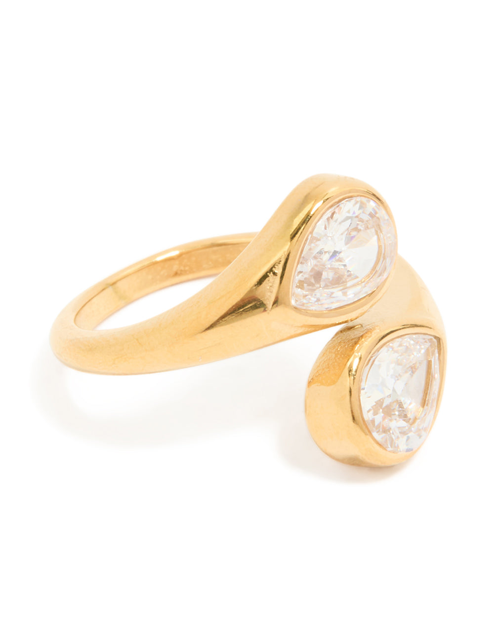 Presenting a waterproof gold plated stainless steel cubic zirconia double bezel single statement ring front view