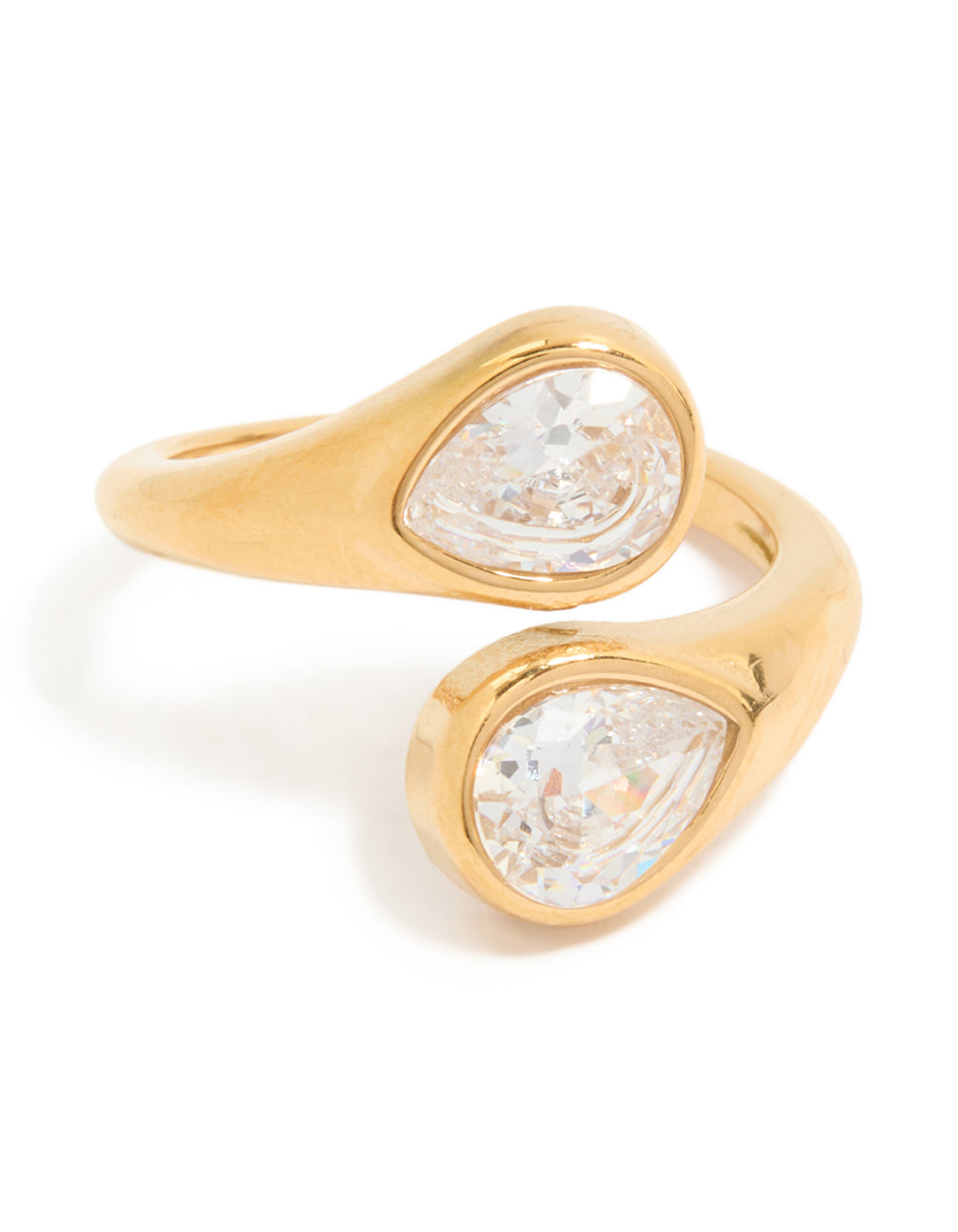 Crafted from waterproof gold plated stainless steel with cubic zirconia double bezel statement ring close up view