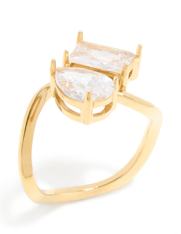 Waterproof Gold Plated Stainless Steel Cubic Zirconia Pear & Rectangle Single Ring