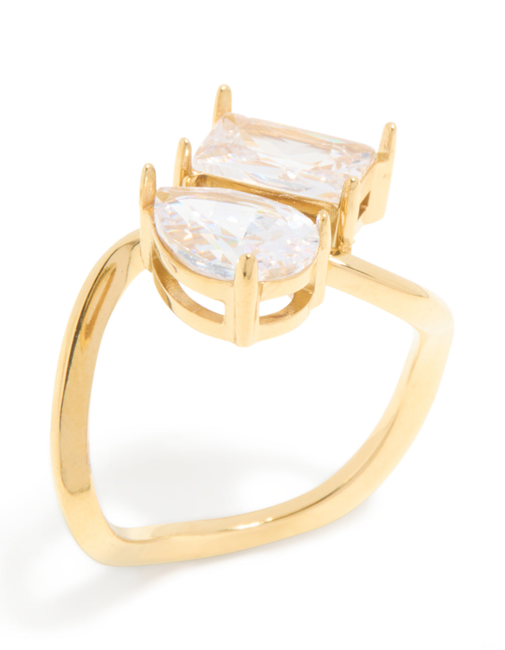 Waterproof Gold Plated Stainless Steel Cubic Zirconia Pear & Rectangle Single Ring