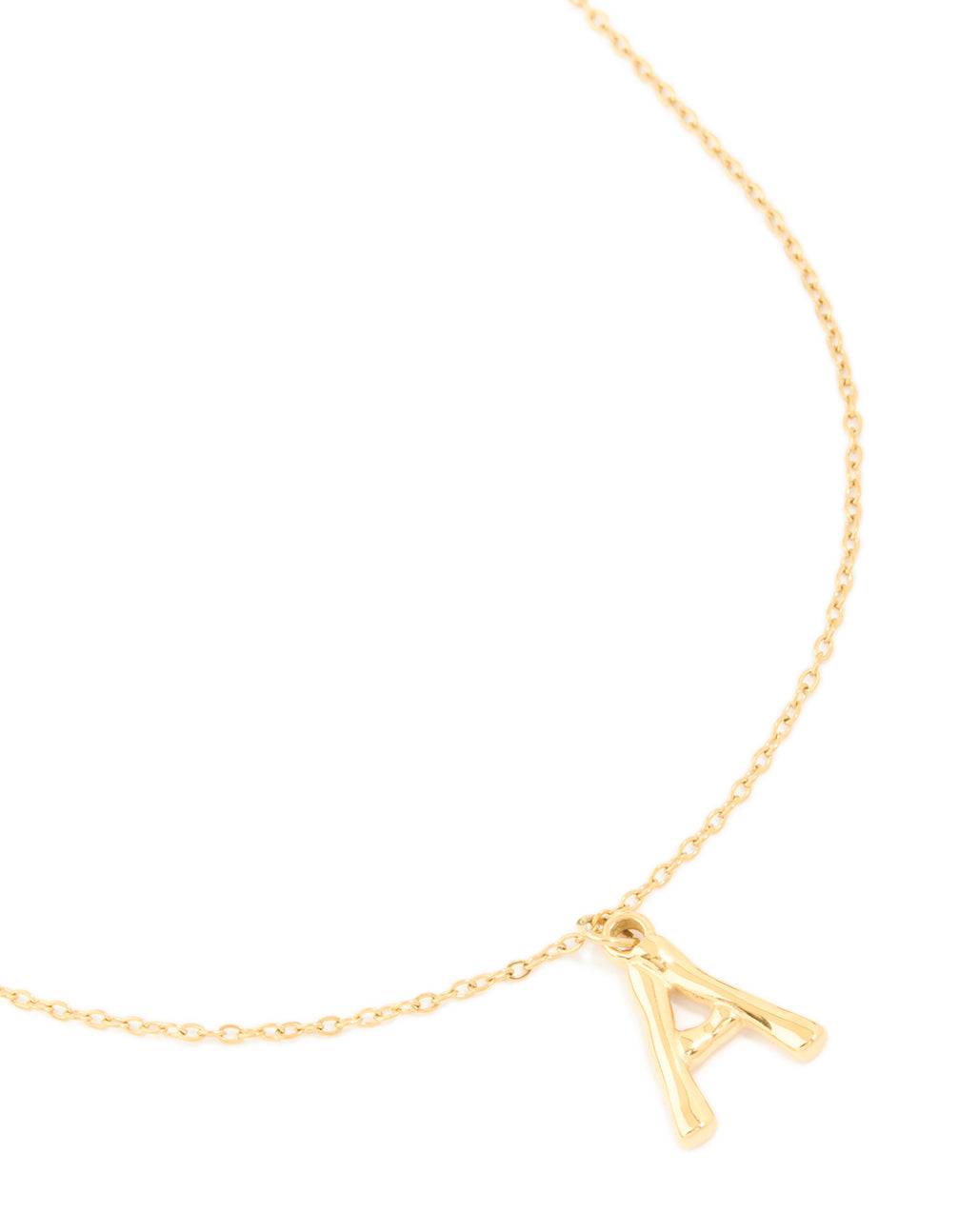 Showcasing a waterproof gold plated stainless steel bamboo letter A initial pendant necklace close up view