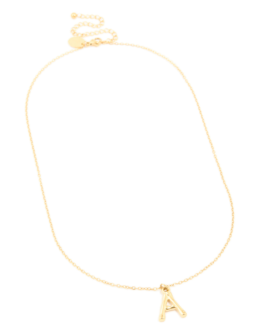 Presenting a waterproof gold plated stainless steel bamboo letter A initial pendant necklace front view