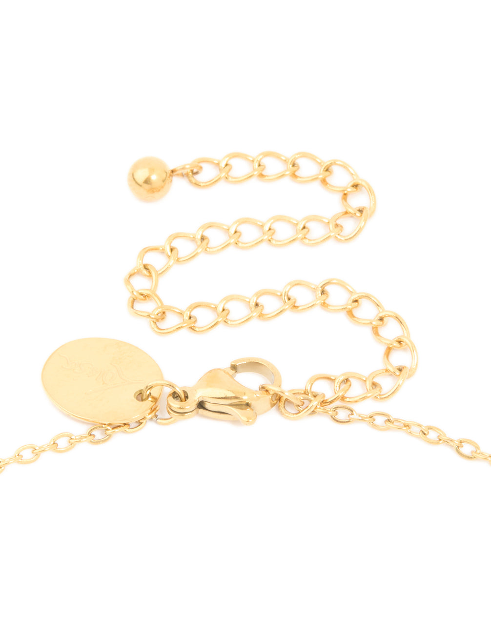 Designed with waterproof gold plated stainless steel bamboo letter A initial pendant necklace clasp detail view