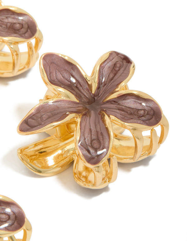 Gold Small Brown Frangipani Flower Claw Clips 4-Pack