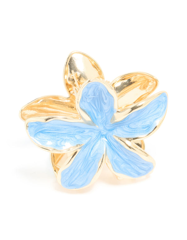 Gold Light Blue Enamel Frangipani Flower Claw Clip