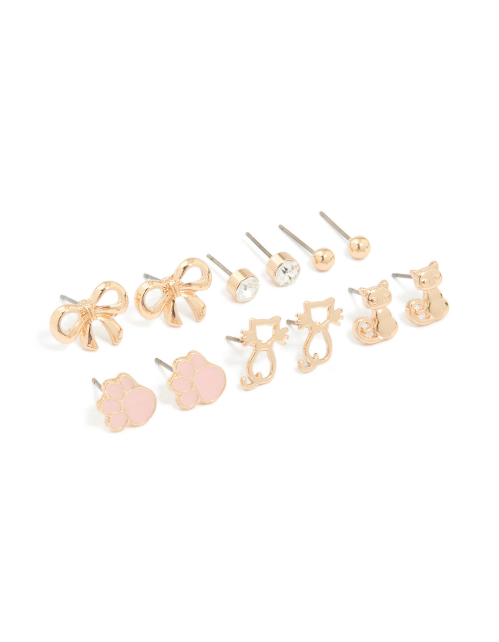 Kids Gold Bow & Cat Stud Earrings 6-Pack