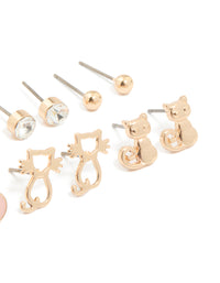 Kids Gold Bow & Cat Stud Earrings 6-Pack - link has visual effect only