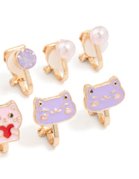 Kids Gold Pearl & Cat Clip On Earrings 5-Pack - link has visual effect only
