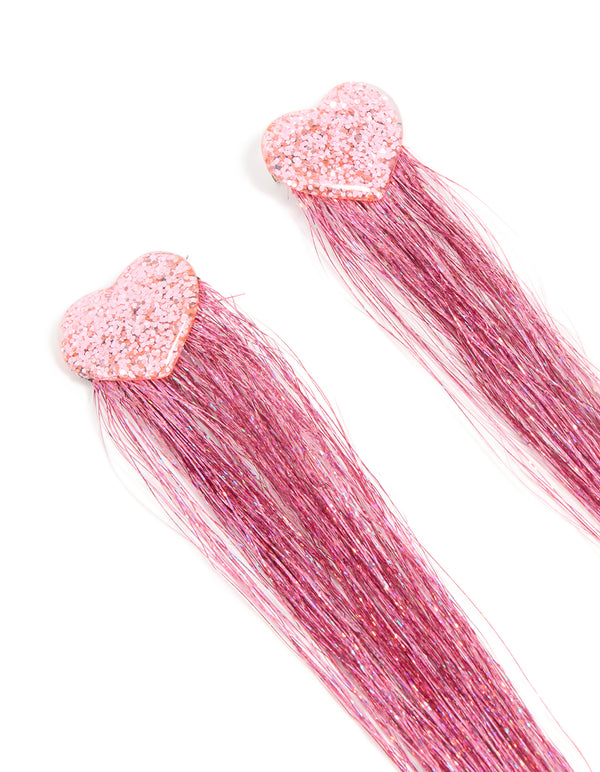Kids Pink Glitter Tinsel Heart Hair Clips 2 Pack