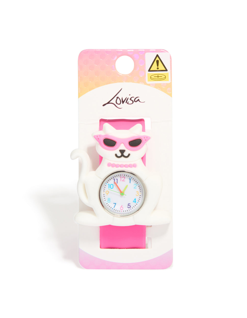 Adorable kids slap watch showcasing cool cat character with numbers on white dial, round shape, analog mechanism, silicone strap in pink designed for casual occasions case detail view