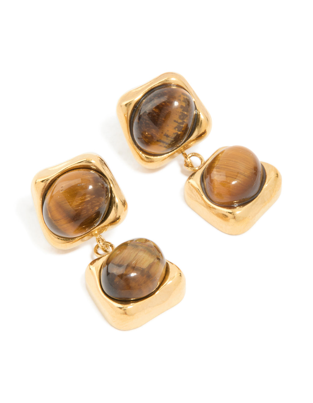 Waterproof Gold Plated Stainless Steel Tigers Eye Semi Precious Stone Small Drop Earrings