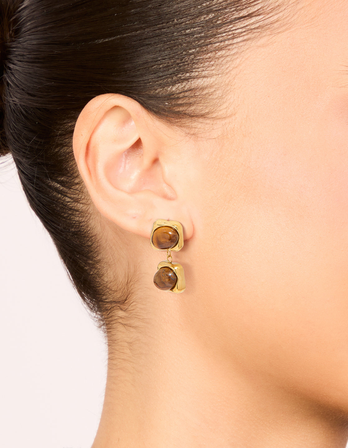 Waterproof Gold Plated Stainless Steel Tigers Eye Semi Precious Stone Small Drop Earrings