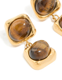 Waterproof Gold Plated Stainless Steel Tigers Eye Semi Precious Stone Small Drop Earrings - link has visual effect only
