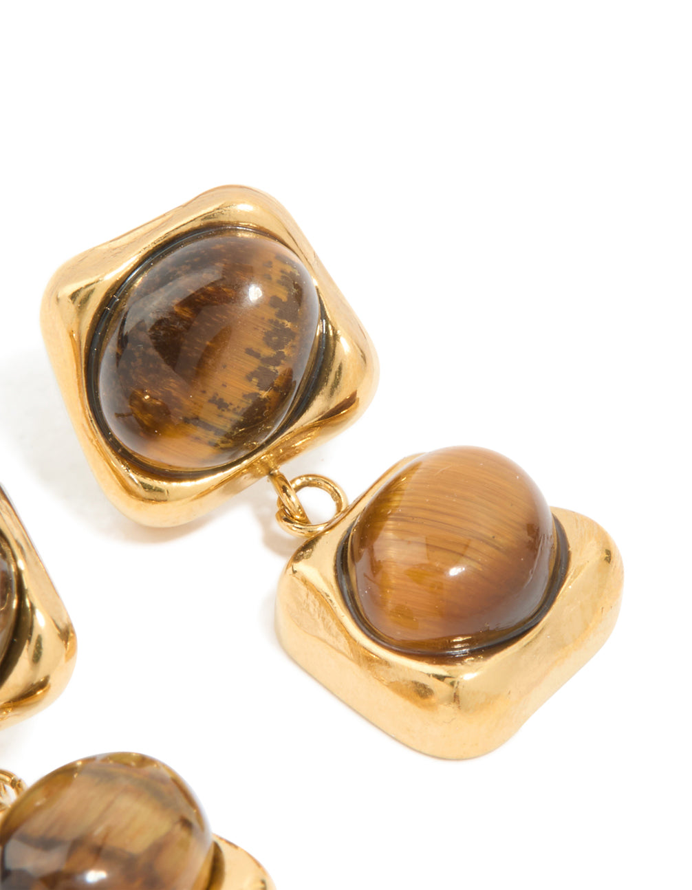 Waterproof Gold Plated Stainless Steel Tigers Eye Semi Precious Stone Small Drop Earrings