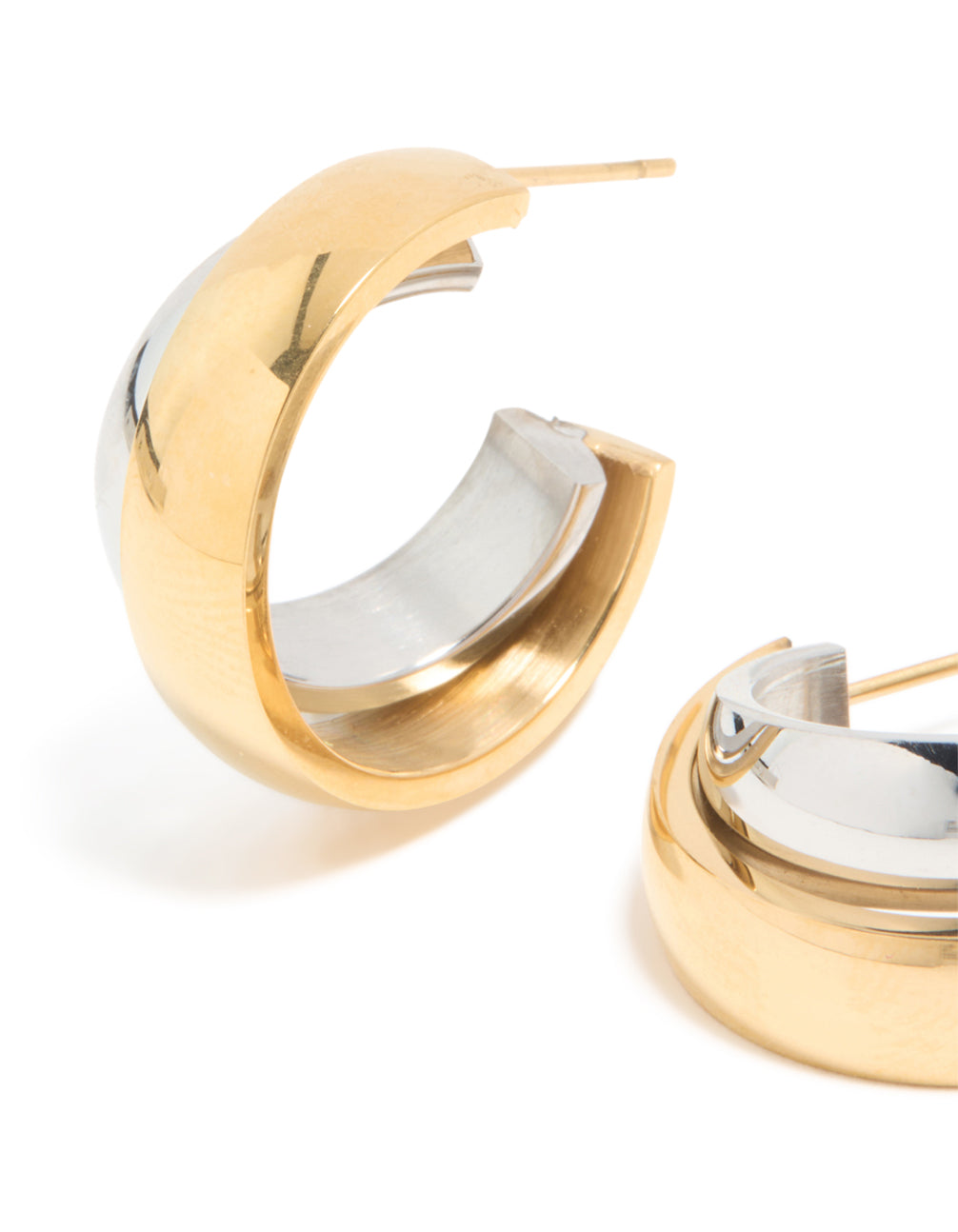Designed with waterproof mixed metals plated stainless steel small illusion hoop earrings in gold and silver close up view