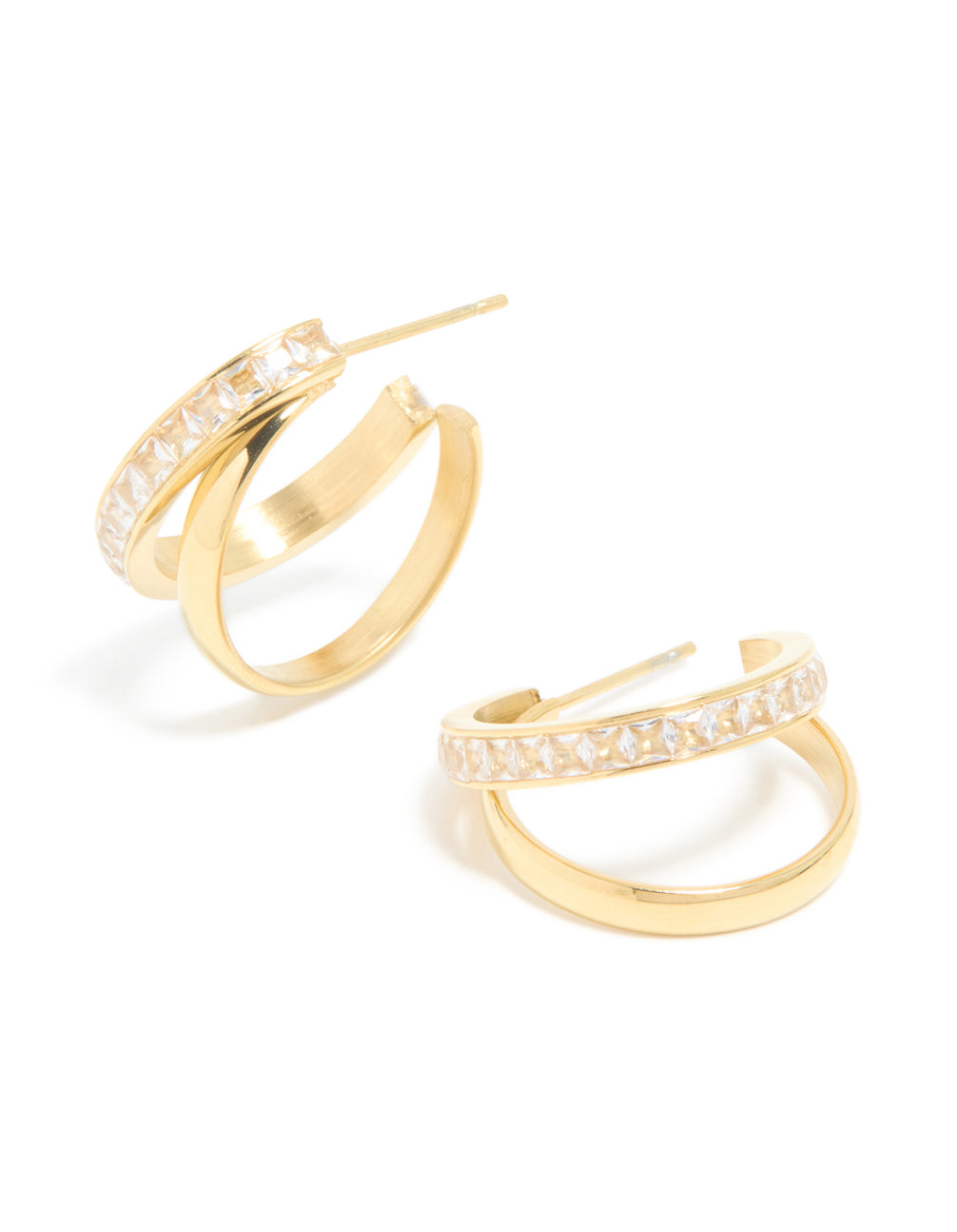 Discover statement hoop earrings with waterproof gold plated stainless steel and cubic zirconia in a double illusion design front view