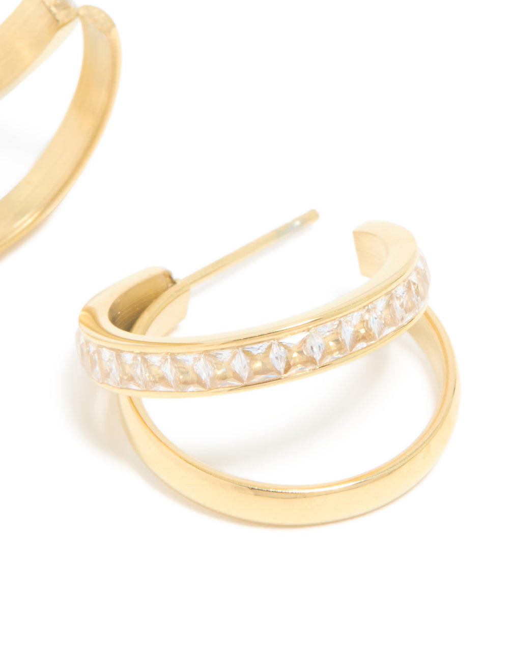 Experience waterproof gold plated stainless steel cubic zirconia double illusion hoop earrings with statement design in post detail view