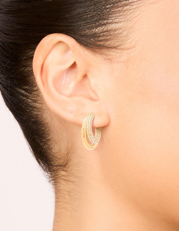 Waterproof Gold Plated Stainless Steel Cubic Zirconia Pave Double Large Illusion Hoop Earrings