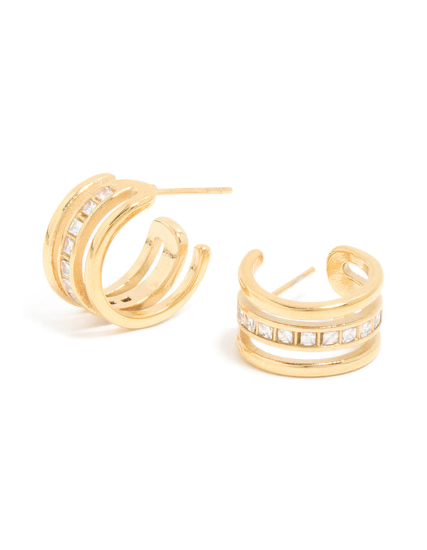 Waterproof Gold Plated Stainless Steel Cubic Zirconia Illusion Hoop Earrings