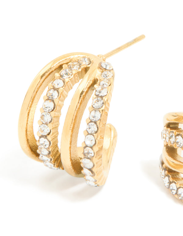 Waterproof Gold Plated Stainless Steel Cubic Zirconia Pave 4-Row Illusion Hoop Earrings