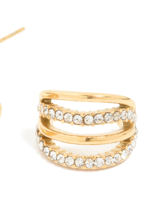 Waterproof Gold Plated Stainless Steel Cubic Zirconia Pave 4-Row Illusion Hoop Earrings