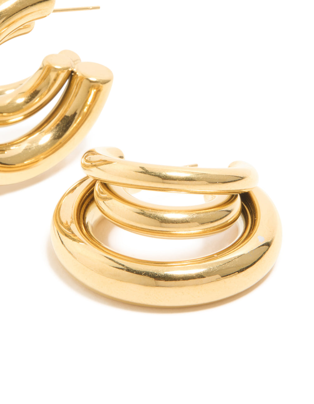 Featuring waterproof stainless steel triple illusion hoop earrings with statement style in gold post detail view