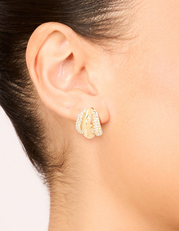 Waterproof Gold Plated Stainless Steel Diamante Trio Illusion Hoop Earrings