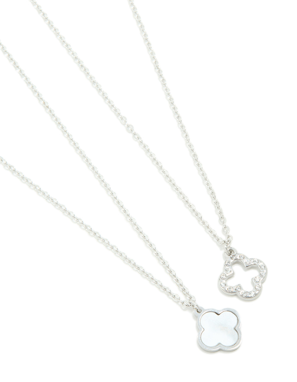 Showcasing waterproof stainless steel diamante floral pendant necklaces in a 2-pack dainty style close up view