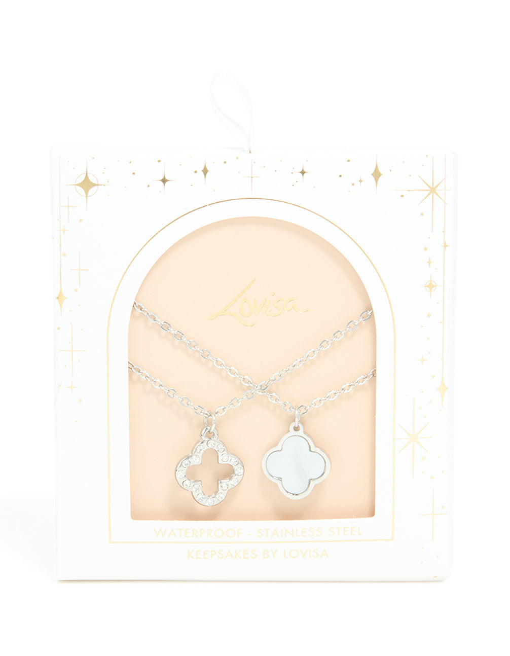 Showcasing waterproof stainless steel diamante floral pendant necklaces in a 2-pack dainty style close up view