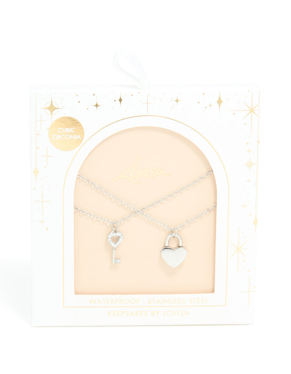 Waterproof Stainless Steel Key & Heart Lock Layered Necklace
