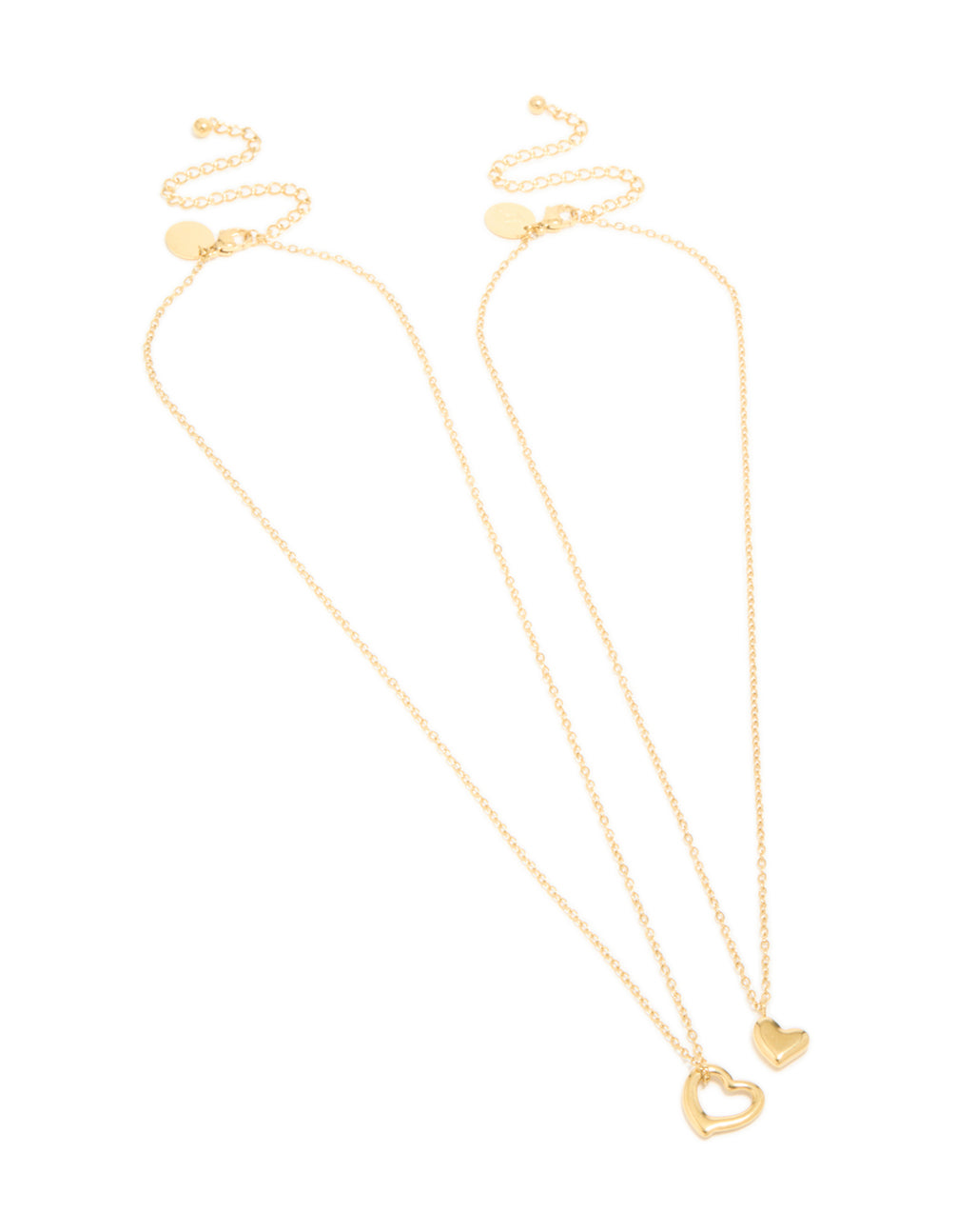 Showcasing waterproof gold plated stainless steel cut out heart and solid heart pendant necklaces in a 2-pack front view