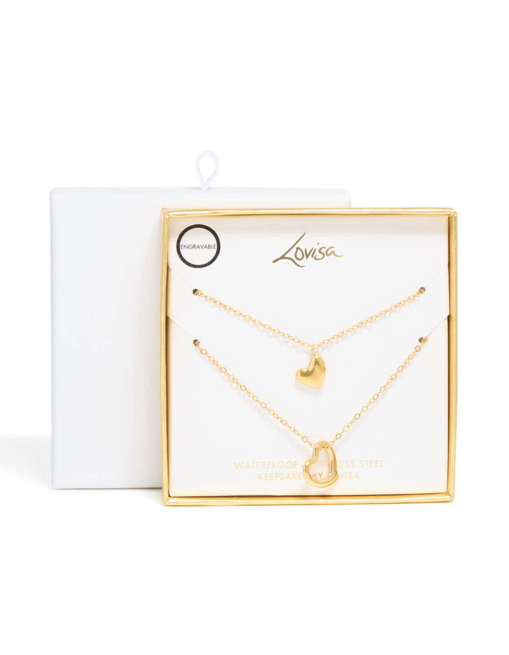 Featuring waterproof gold plated stainless steel cut out heart and solid heart pendant necklaces in a 2-pack close up view