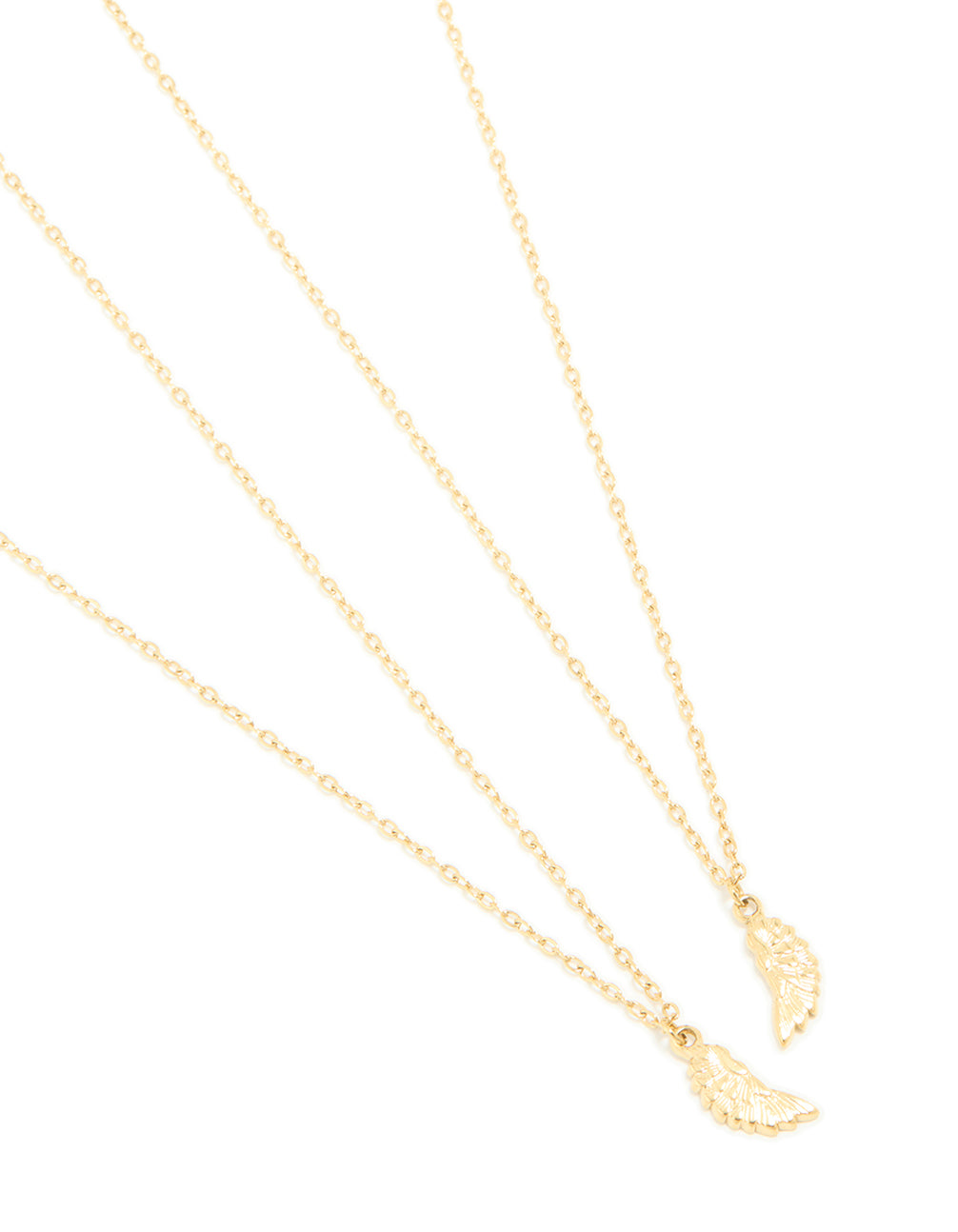 Featuring waterproof BFF angel wings necklaces in gold plated stainless steel 2-pack close up view